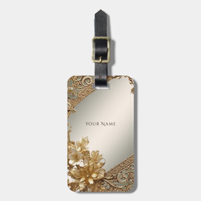 Etiqueta de Bagagem Floral de Ornamentado Dourado  (Frente Vertical)