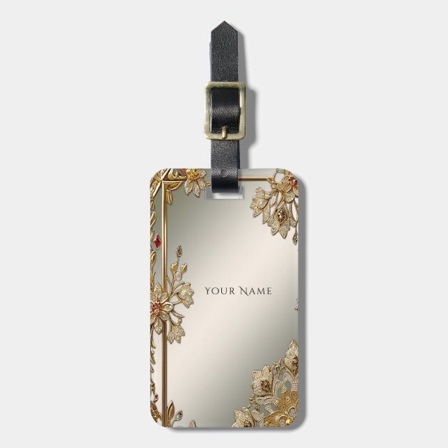 Etiqueta de Bagagem Floral de Ornamentado Dourado (Frente Vertical)