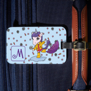 Etiqueta De Bagagem Floral de Unicórnio Azul Personalizado e Simples