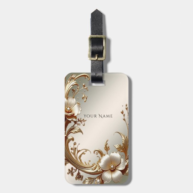 Etiqueta de Bagagem Floral Dourada (Frente Vertical)