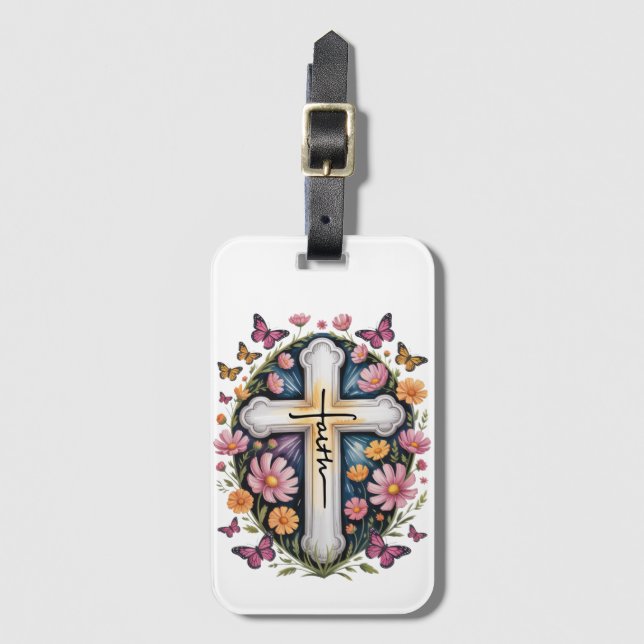 Etiqueta De Bagagem Floral Faith Cross (Frente Vertical)