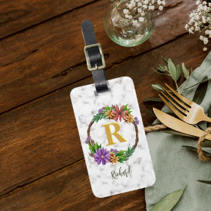 Etiqueta De Bagagem Floral Wreath Inicial Letra Monograma Nome Marble