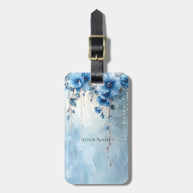 Etiqueta de Bagagem Flores Azuis e Pérolas (Frente Vertical)