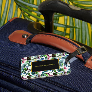 Etiqueta De Bagagem Flores botânicas de aquarela verde elegante