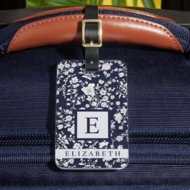 Etiqueta De Bagagem Flores Brancas Azuis Marinhos Escuras Personalizad