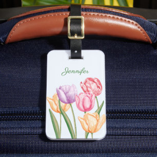 Etiqueta De Bagagem Flores Coloridas de Tulipas em Aquarela Com Nome P