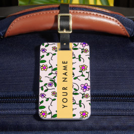 Etiqueta De Bagagem Flores Coloridas, Fundo Rosa, Amarelo