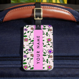 Etiqueta De Bagagem Flores Coloridas, Fundo Rosa, Rosa