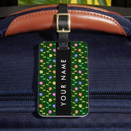 Etiqueta De Bagagem Flores Coloridas, Fundo Verde, Preto