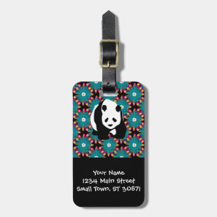 Etiqueta De Bagagem Flores Cor-de-rosa Azul, Urso-Panda Bonito