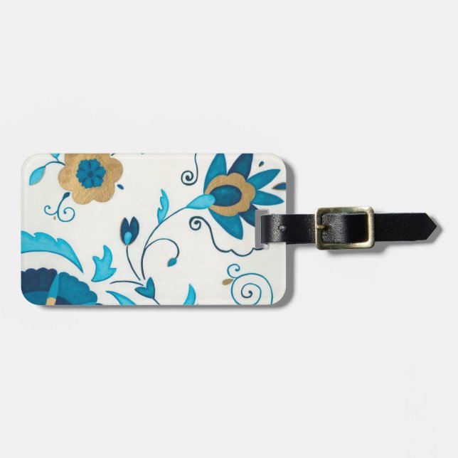 Etiqueta De Bagagem Flores de Indigo Douradas com Fundo Branco (Frente Horizontal)