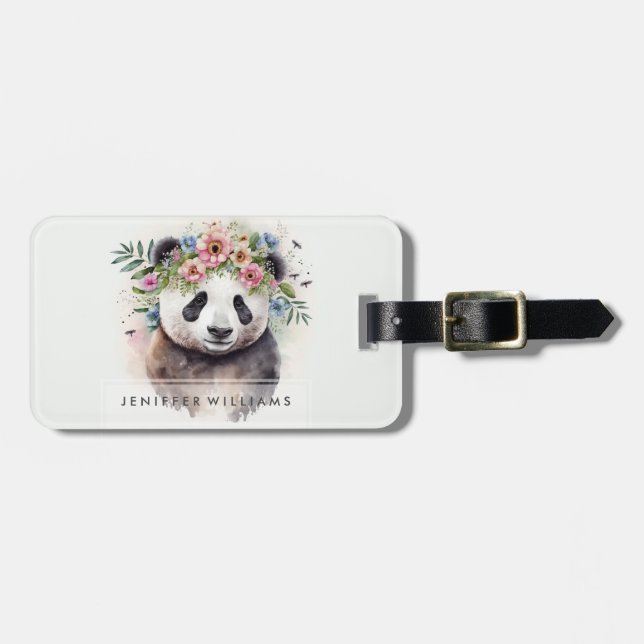 Etiqueta De Bagagem Flores de Panda Aquarela (Frente Horizontal)