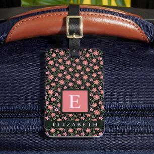 Etiqueta De Bagagem Flores de Pink Floral de Ponto Preto Personalizáve