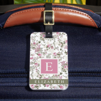 Etiqueta De Bagagem Flores de Rosa verde cor-de-rosa branco personaliz