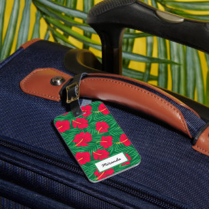 Etiqueta De Bagagem Flores Red Hibiscus sobre Folhas Tropicais Persona