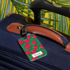 Etiqueta De Bagagem Flores Vermelhas de Hibisco em Folhas Tropicais Pe