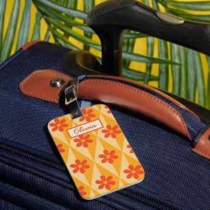 Etiqueta De Bagagem Flores Vermelhas em diamantes vintage laranja pers