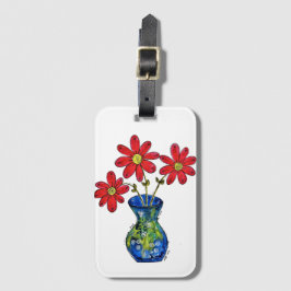 Etiqueta De Bagagem Flores Vermelhas Whimsical em Vaso Azul
