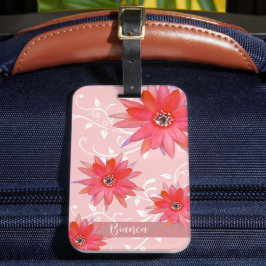 Etiqueta De Bagagem Flores Vermelhas Whimsical Folhas Suavemente Acres