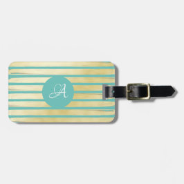 Etiqueta De Bagagem Folha de ouro azul turquesa, monogramada, listrada