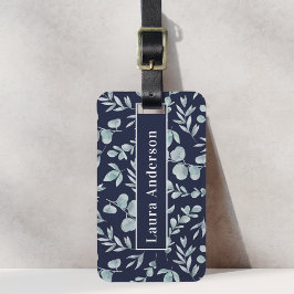 Etiqueta De Bagagem Folhagem de Aquarela Azul com Nome Personalizado