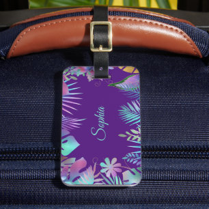 Etiqueta De Bagagem Folhas Tropicais Iridescentes, Nome Azul Turquesa