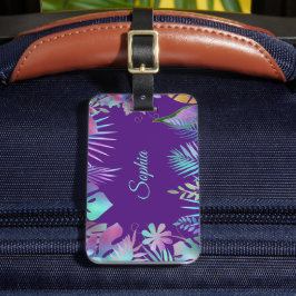Etiqueta De Bagagem Folhas Tropicais Iridescentes, Nome Teal em Roxo