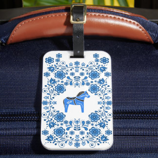 Etiqueta De Bagagem Folk Dala horse floral flower design/white B