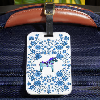 Etiqueta De Bagagem Folk Dala horse floral flower design/white B2
