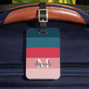 Etiqueta De Bagagem Forma Horizontal Moderna, Rosa e Monograma Azul