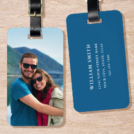 Etiqueta De Bagagem Foto personalizada Blue Simple Modern