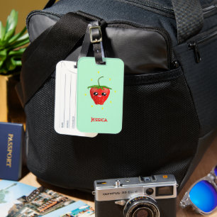 Etiqueta De Bagagem Fruta de morango monograma kawaii em turquesa