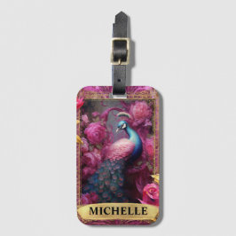 Etiqueta De Bagagem Fuchsia Peacock e Rosas Fantasy Romântica