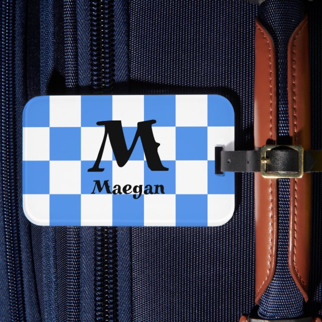 Etiqueta De Bagagem Fundo com padrão xadrez azul (Frente Insitu 4)