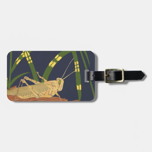 Etiqueta De Bagagem Gafanhoto em Grass Verde em Fundo Azul (Frente Horizontal)