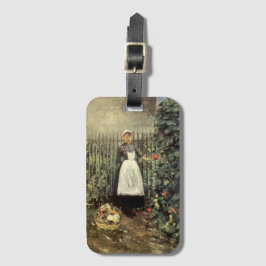 Etiqueta De Bagagem Garota com cesta de vegetais em um jardim