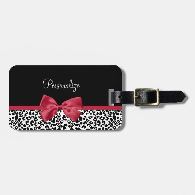 Etiqueta De Bagagem Garota Leopard Imprime Fita Vermelha Brilhante Com (Frente Horizontal)