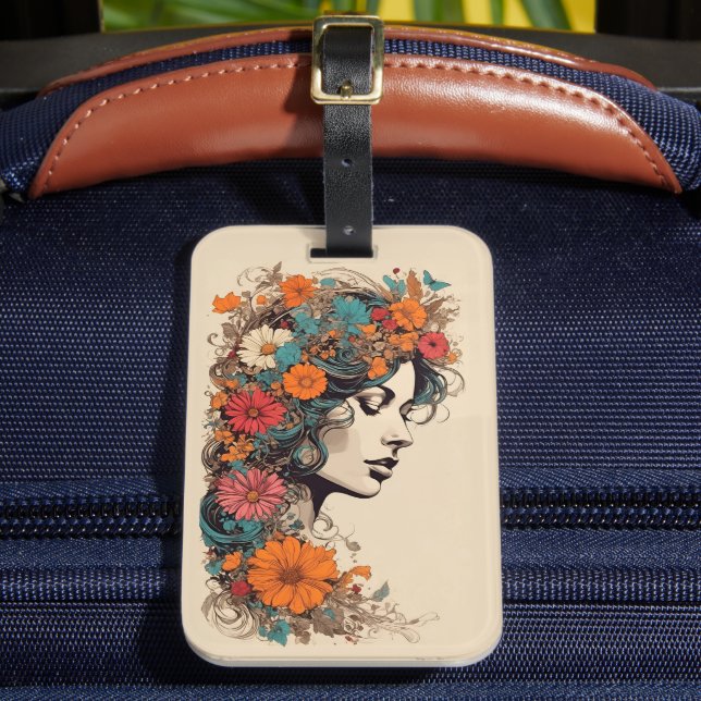 Etiqueta De Bagagem Garota retrô com flores no cabelo (Frente Insitu 2)