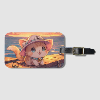 Etiqueta De Bagagem Gatinho Chibi Fofo no Porto do Pôr do Sol – Capric