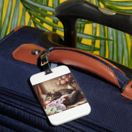 Etiqueta De Bagagem Gatinho Sonolento na Mala com Flores