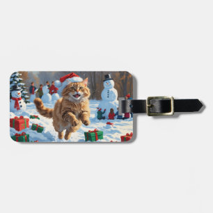 Etiqueta De Bagagem Gato Angorá Turco Correndo na Neve Chapéu de Natal