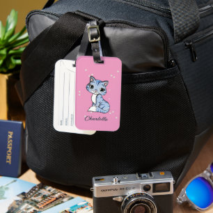Etiqueta De Bagagem Gato azul bonito com nome personalizado rosa