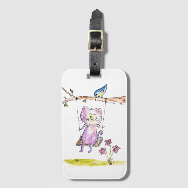 Etiqueta De Bagagem Gato Branco Cinto-Rosa em Swing (Frente Vertical)