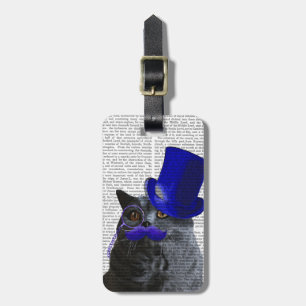 Etiqueta De Bagagem Gato Cinza com chapéu azul e bigode azul