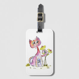 Etiqueta De Bagagem Gato Cinzento Branco Cinto com Flores Amarelas