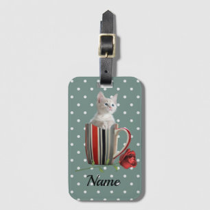 Etiqueta De Bagagem Gato de café, caneca de café, flor verde, modern