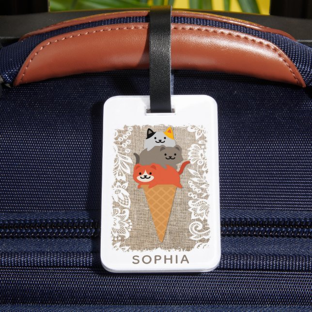 Etiqueta De Bagagem Gato de Cartoon Bonito, Sorvete Cone (Verso Insitu 4)