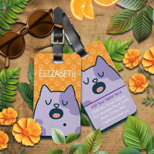 Etiqueta De Bagagem Gato de Desenho Animado Roxo Divertido, Opção de N