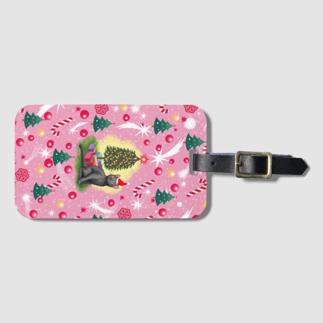 Etiqueta De Bagagem Gato de Natal Rosa (Frente Horizontal)