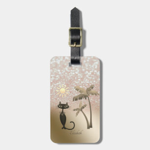 Etiqueta De Bagagem Gato Elegante, Palmas, Glitter Bokeh - Personaliza